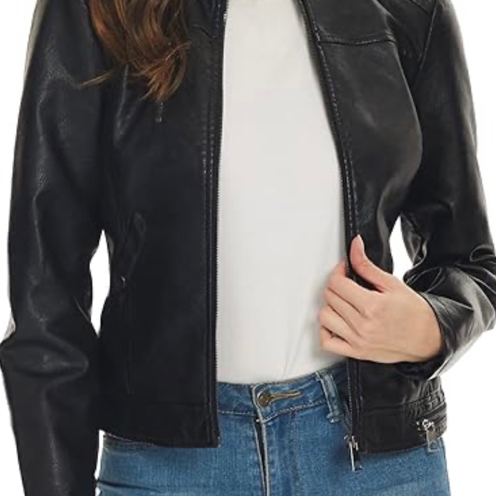 Women Black Motorcycle Bilker Faux Leather Jacket  Size Small